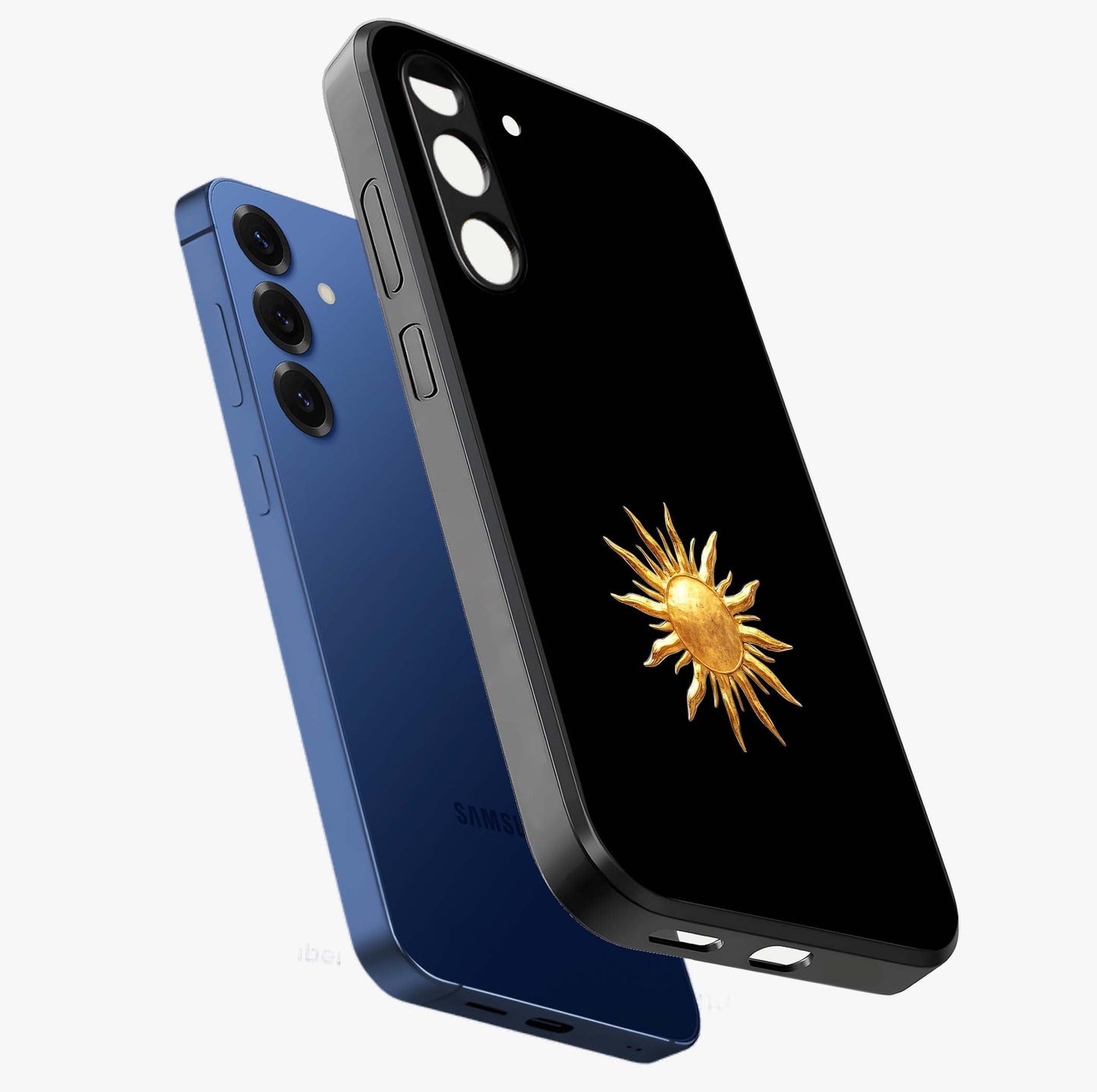 Golden Sun Minimalism Glass Case displayed in angled mockup highlighting clean sun symbol design with modern minimal aesthetic.