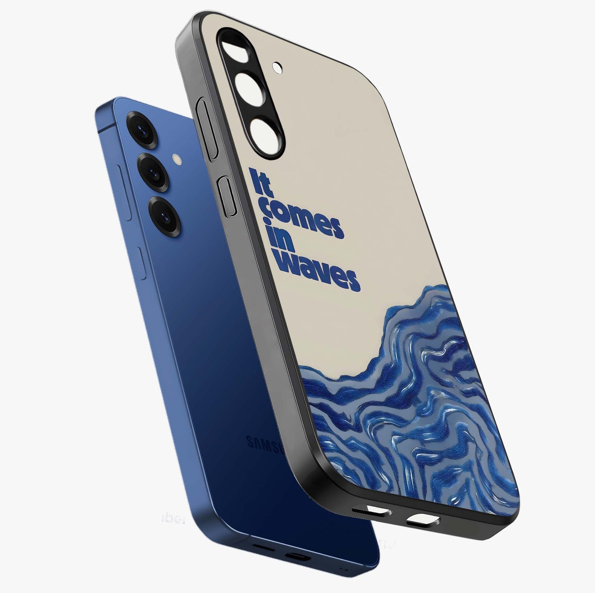 It Comes In Waves Quote Glass Case displayed in angled mockup highlighting ocean wave typography design with aesthetic style.
