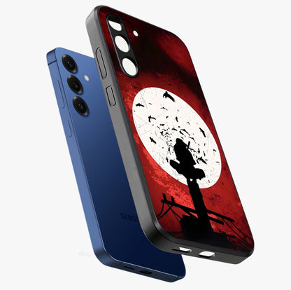 Itachi Limited Edition Naruto Anime Glass Case displayed in angled mockup highlighting dramatic anime illustration with bold action aesthetic.