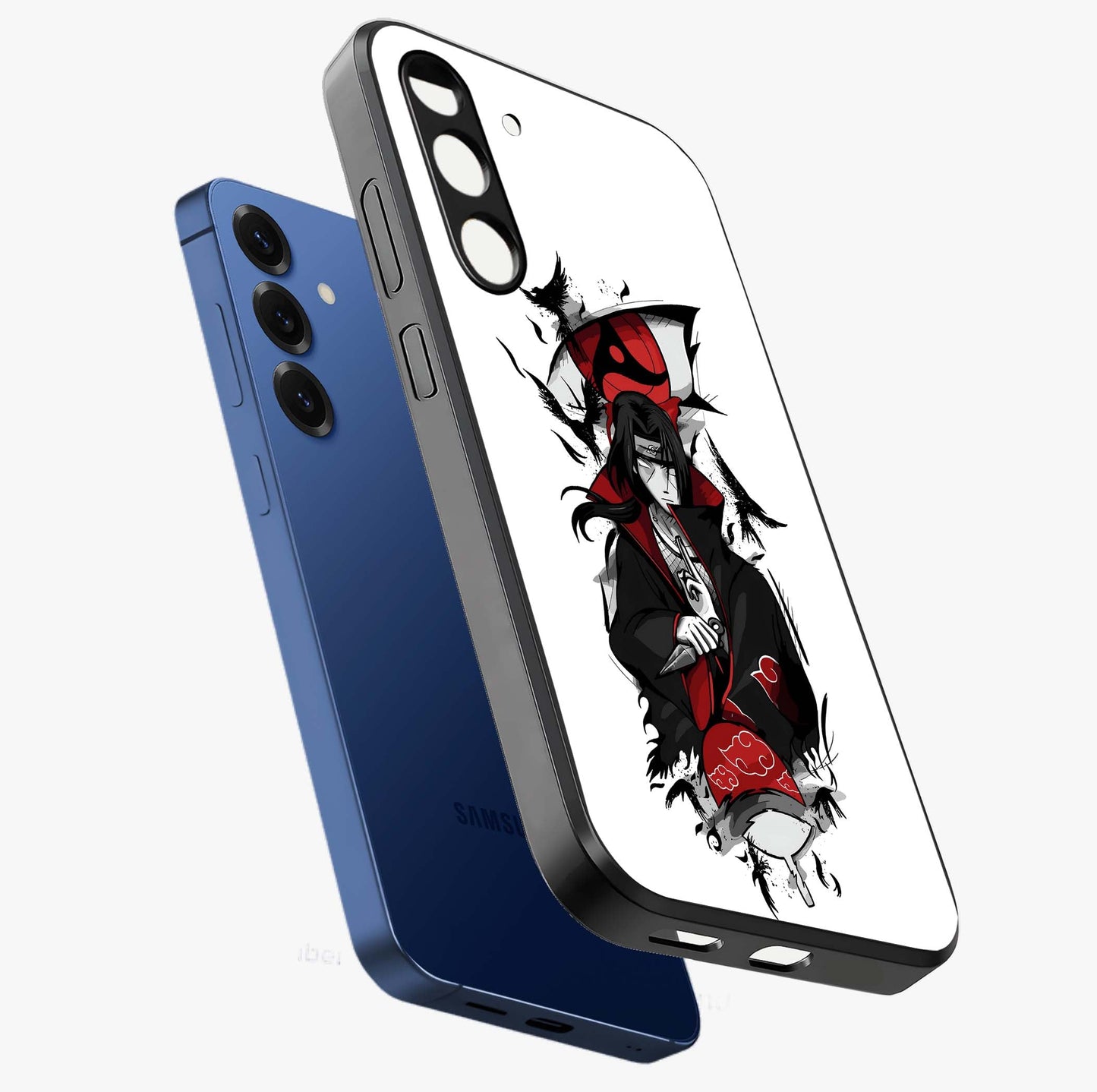 Itachi Sharingan Glass Case displayed in angled mockup highlighting striking sharingan eye design with dramatic anime aesthetic.