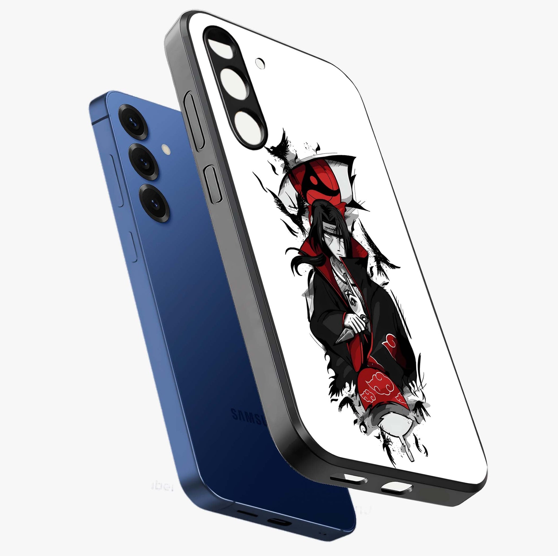 Itachi Sharingan Glass Case displayed in angled mockup highlighting striking sharingan eye design with dramatic anime aesthetic.