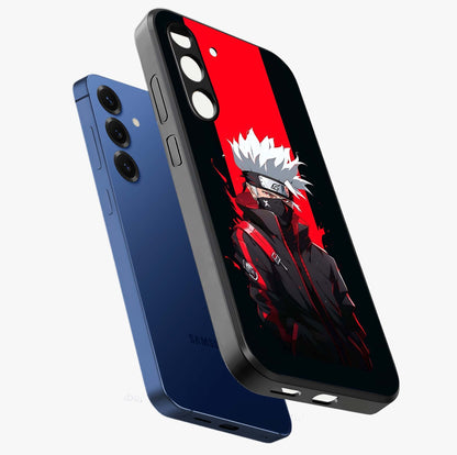 Kakashi Scarlet Shadow Glass Case displayed in angled mockup highlighting dramatic ninja illustration with scarlet themed aesthetic.