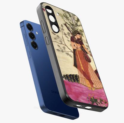Lady With Veena Art Glass Case displayed in angled mockup highlighting graceful musical illustration with cultural artistic aesthetic.