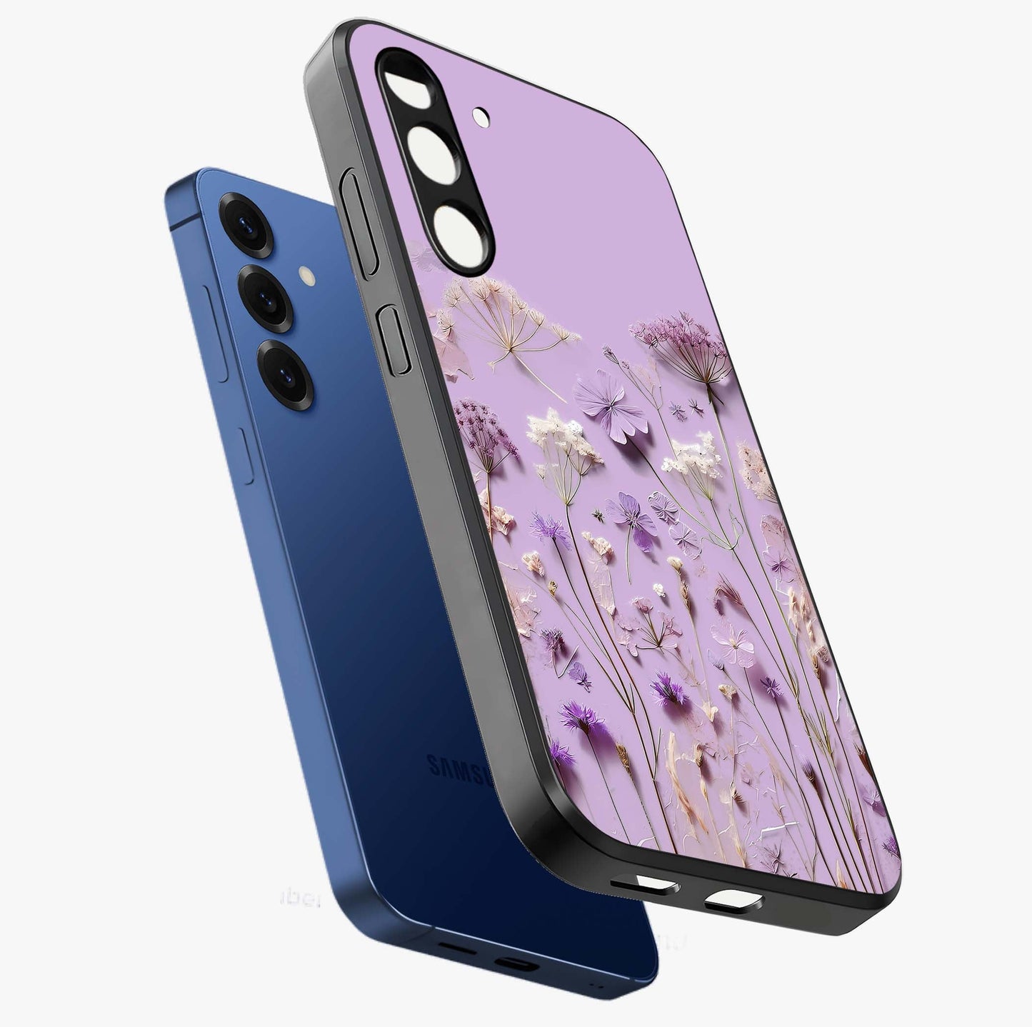 Lavender Blossom Dream Glass Case displayed in angled mockup highlighting dreamy lavender flower design with calming aesthetic style.