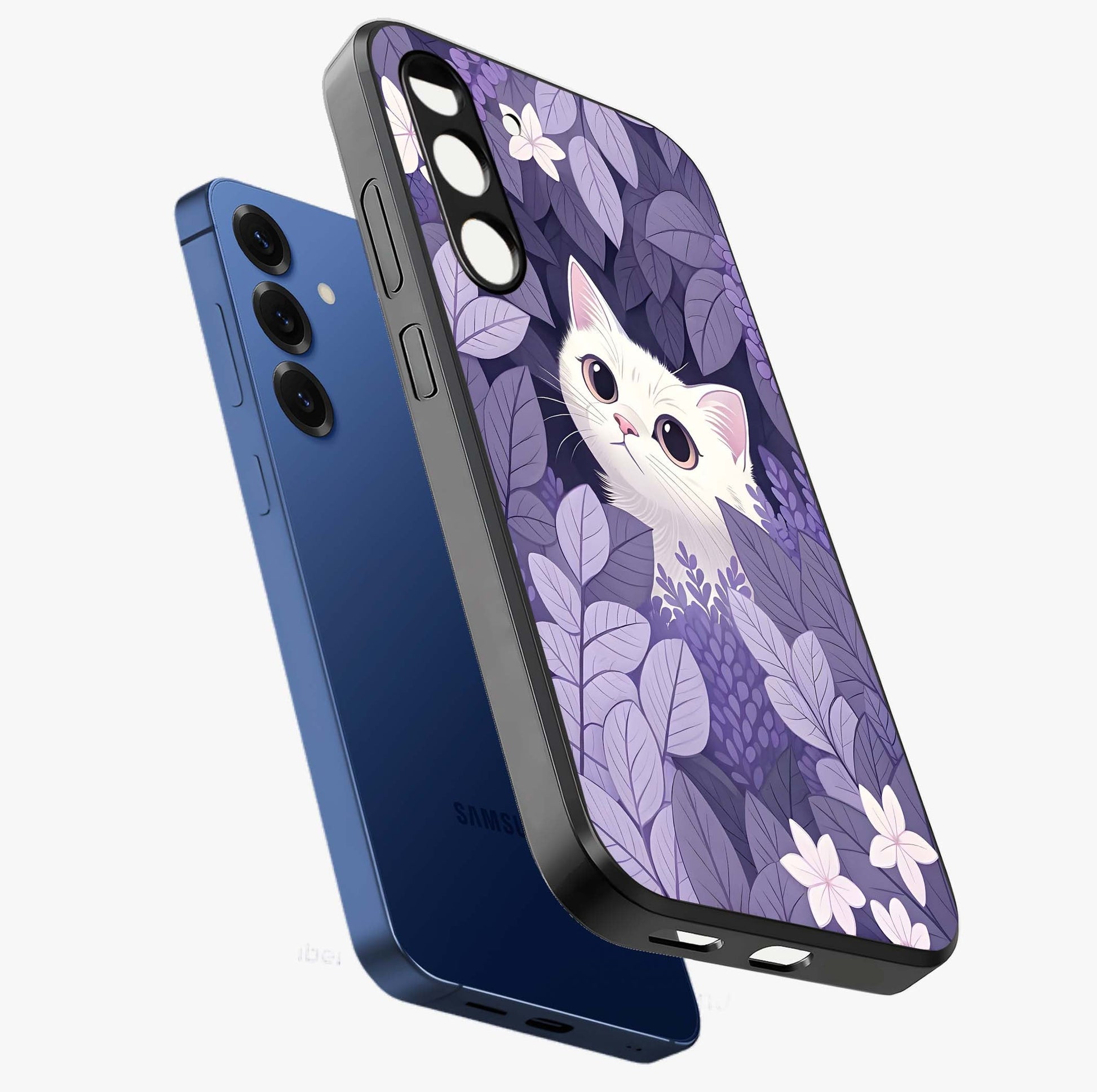 Lilac Hide Peek Cat Glass Case displayed in angled mockup highlighting playful feline illustration with lilac aesthetic design.