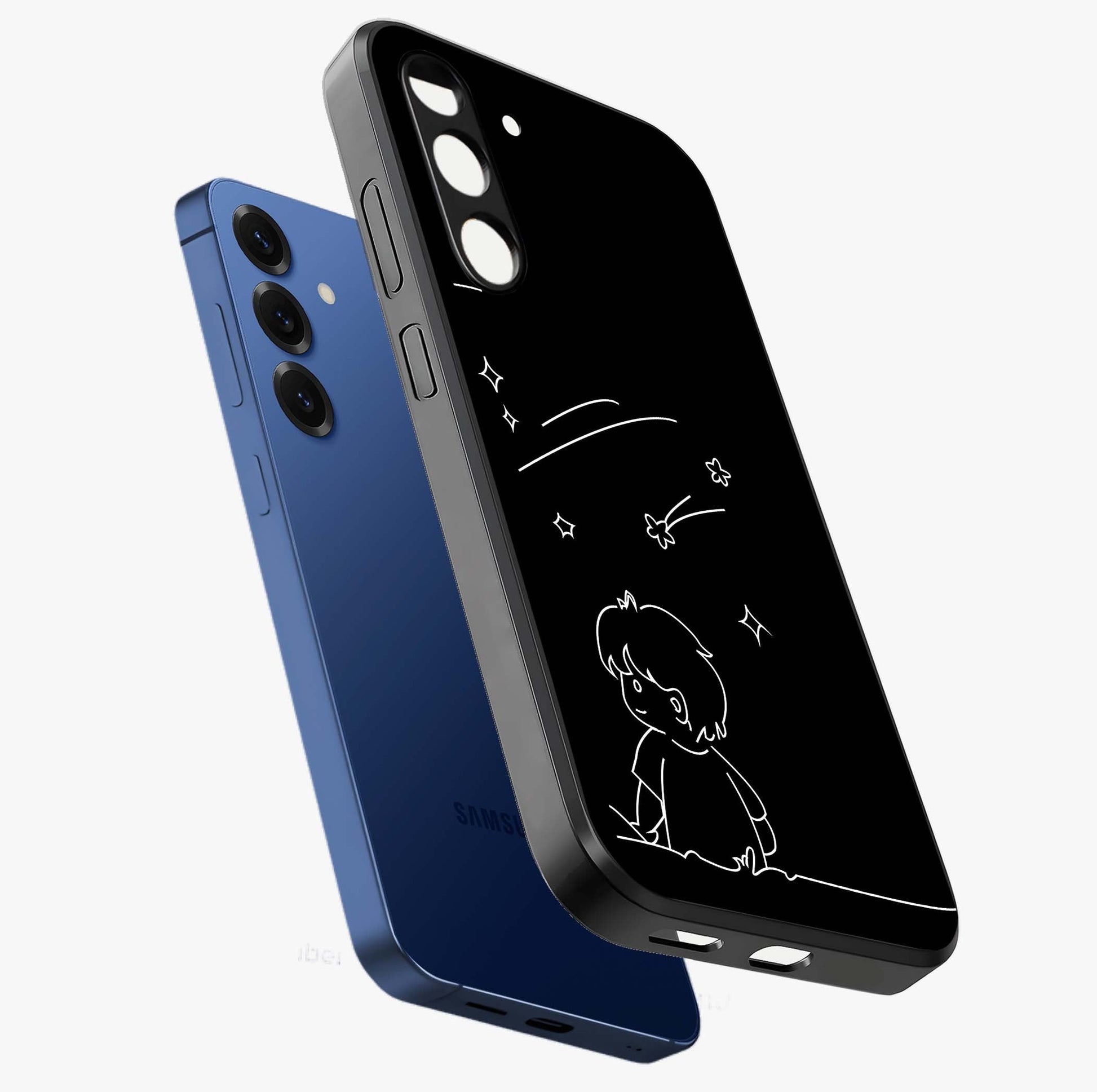 Line Art Boy With Shooting Stars Glass Case displayed in angled mockup highlighting elegant line art design with dreamy star aesthetic.