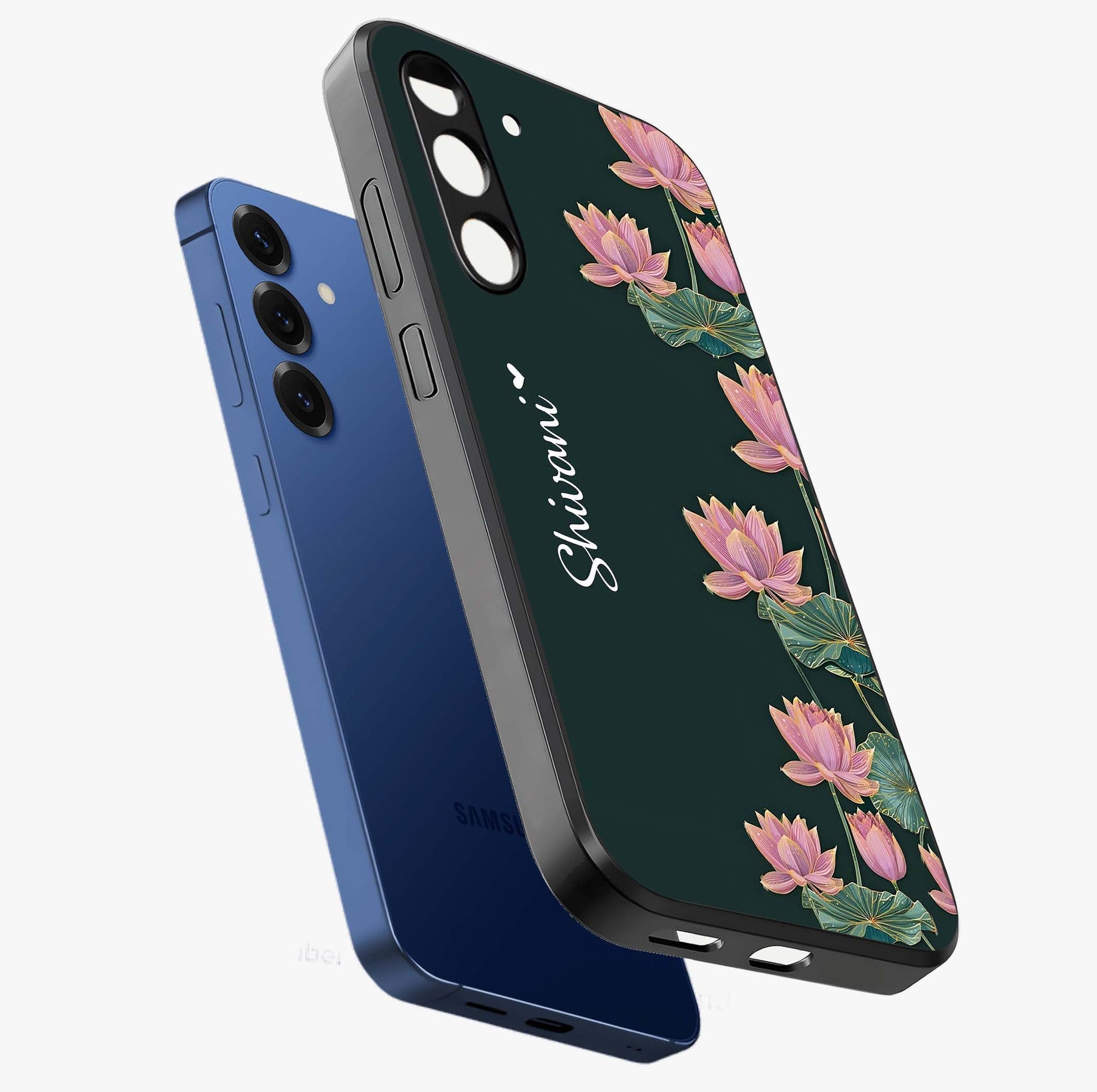 Lotus Bloom Serenity Custom Name Glass Case displayed in angled mockup highlighting graceful lotus illustration with custom name feature.
