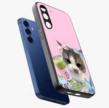 Love Matcha Cat Glass Case displayed in angled mockup highlighting playful feline illustration with cozy matcha aesthetic.