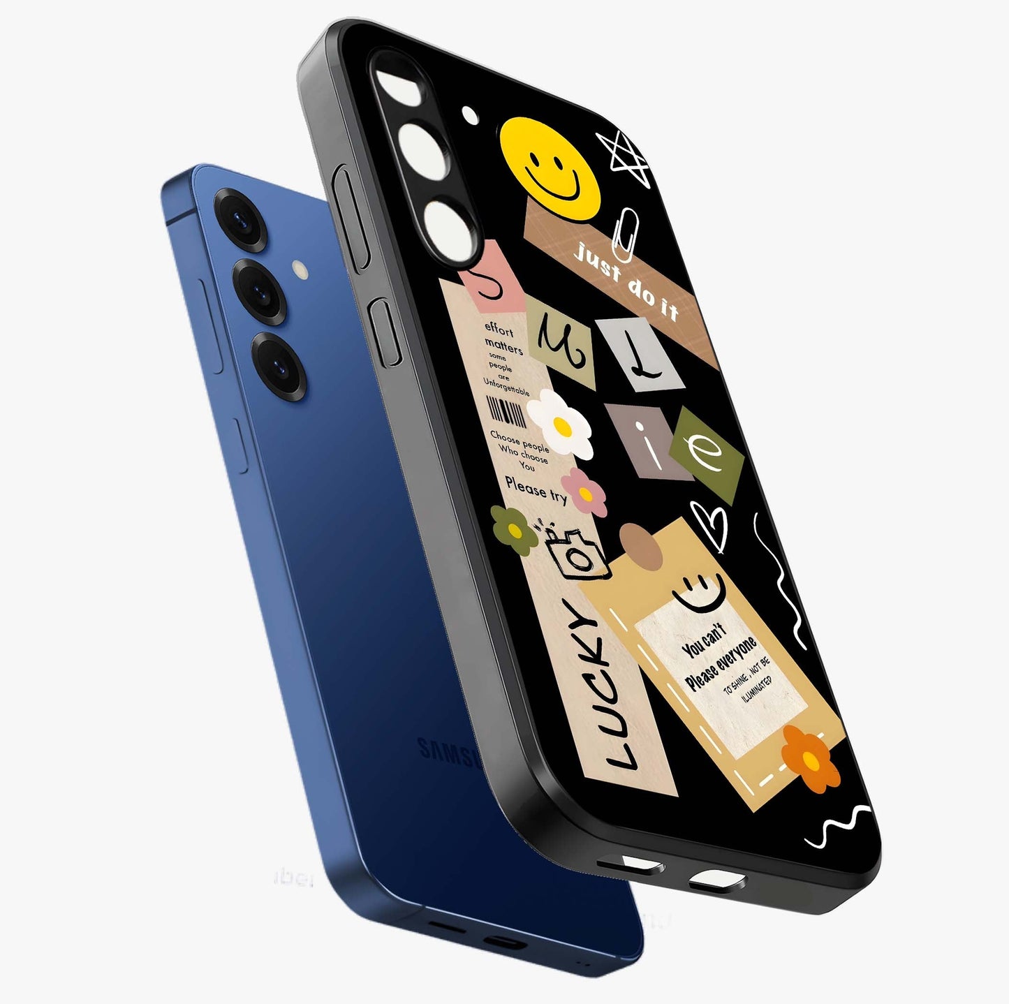 Lucky Aesthetic Collage Glass Case displayed in angled mockup highlighting stylish collage pattern with modern aesthetic vibe.