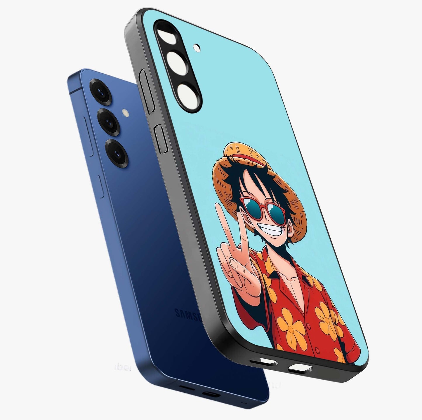 Luffy Summer Anime Vibe Glass Case displayed in angled mockup highlighting energetic anime illustration with summer vibe aesthetic.
