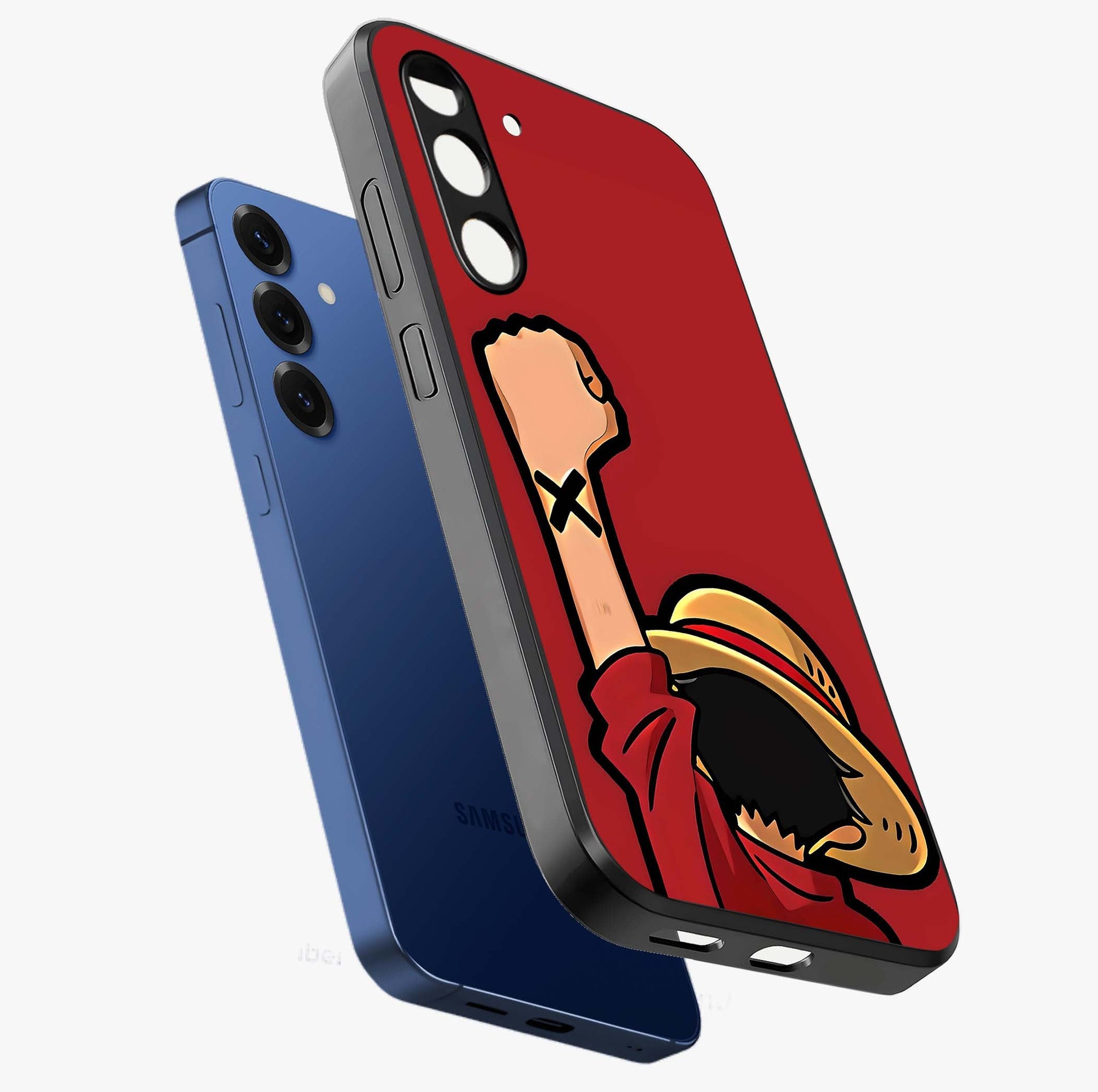 Luffy X Spirit Glass Case displayed in angled mockup highlighting powerful anime design with energetic action aesthetic.