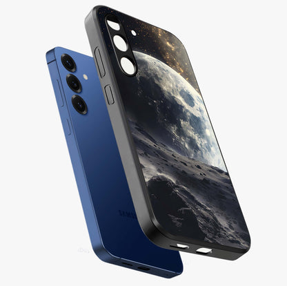 Lunar Horizon Glow Glass Case displayed in angled mockup highlighting celestial moon design with dreamy night aesthetic.