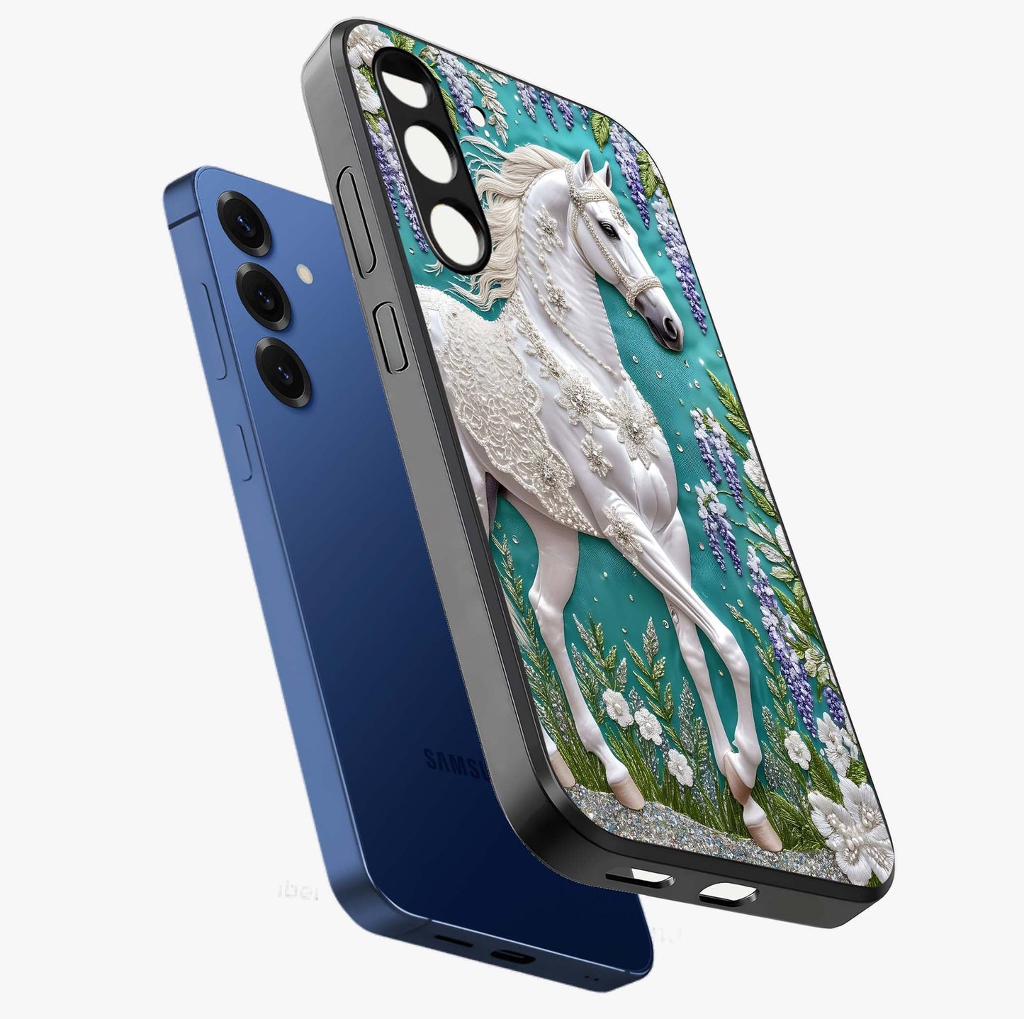 Majestic Floral Stallion Glass Case displayed in angled mockup highlighting majestic stallion illustration with elegant floral aesthetic.