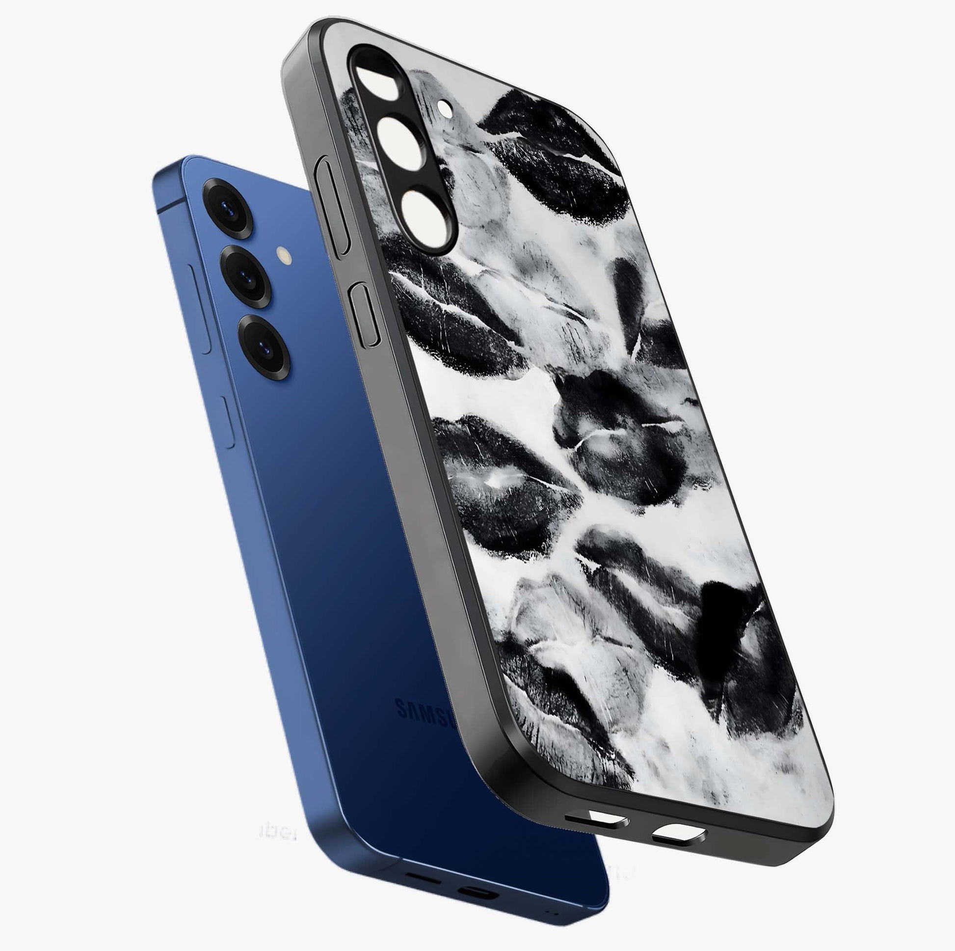 Midnight Kiss Marks Glass Case displayed in angled mockup highlighting playful romantic design with bold midnight aesthetic.