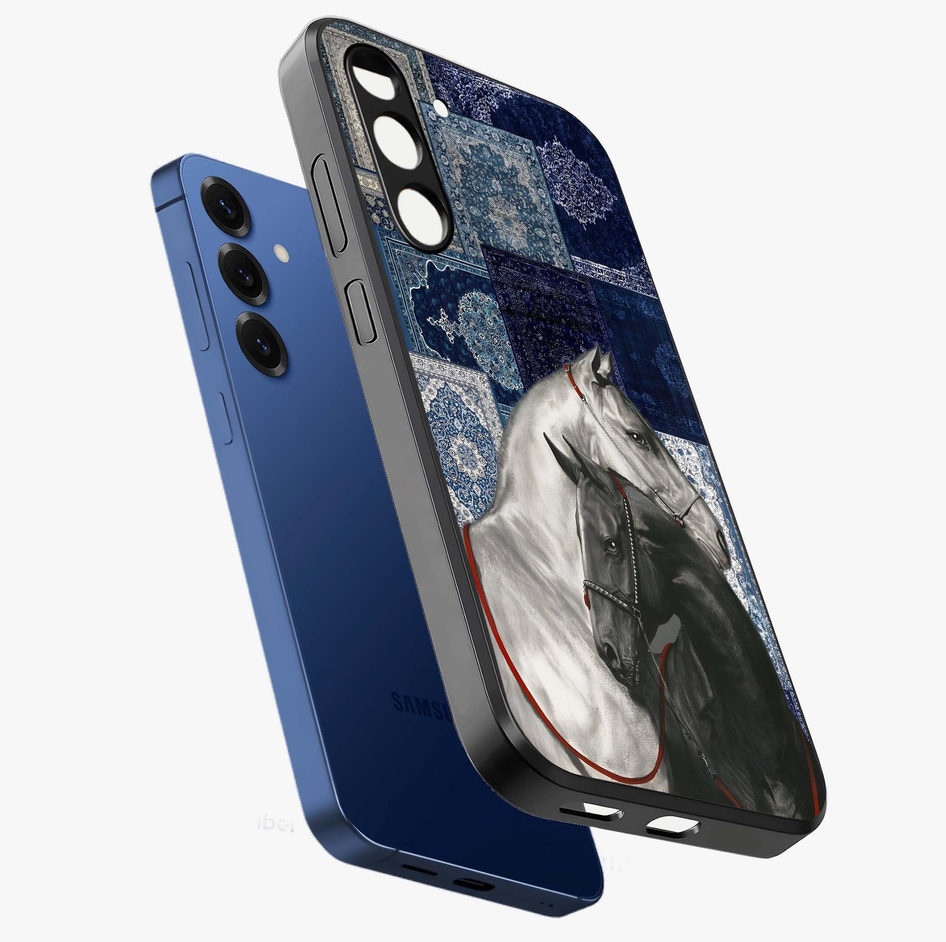 Midnight Stallion Blues Glass Case displayed in angled mockup highlighting powerful stallion illustration with deep midnight tones.