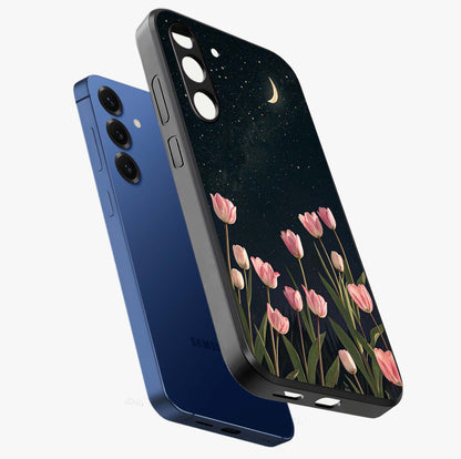 Midnight Tulip Whispers Vibe Glass Case displayed in angled mockup highlighting delicate tulip design with midnight floral aesthetic.
