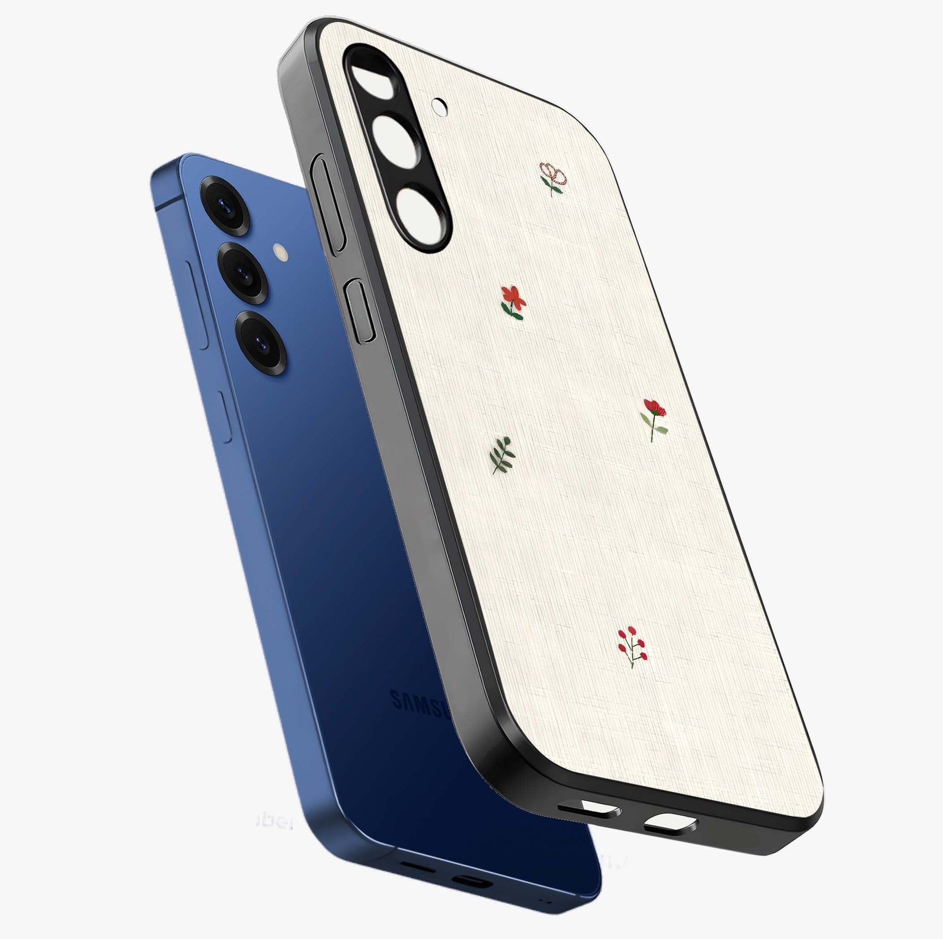 Minimalistic Blue With White Flower Pattern Glass Case displayed in angled mockup highlighting simple floral design with minimal aesthetic.