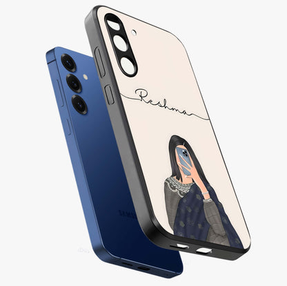 Mirror Mood Muse With Custom Name Glass Case displayed in angled mockup highlighting aesthetic mirror inspired design with custom name feature.