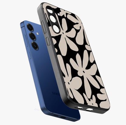 Monochrome Petal Dance Glass Case displayed in angled mockup highlighting elegant petal design with black and white aesthetic.
