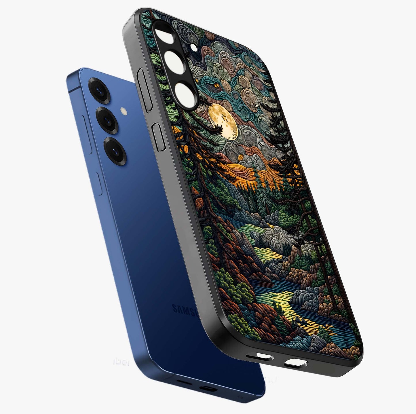 Moonlight Forest Dream Glass Case displayed in angled mockup highlighting dreamy forest design with glowing moon aesthetic.