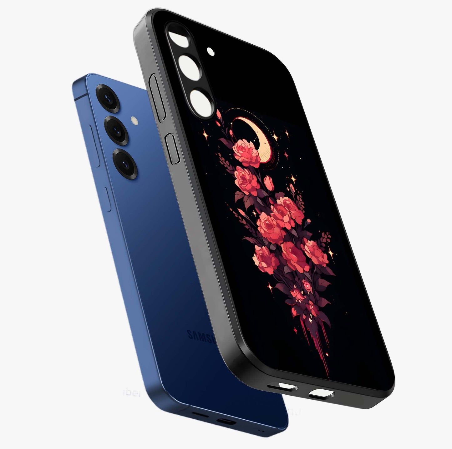 Moonlit Floral Elegance Glass Case displayed in angled mockup highlighting graceful flower design with soft moonlight aesthetic.