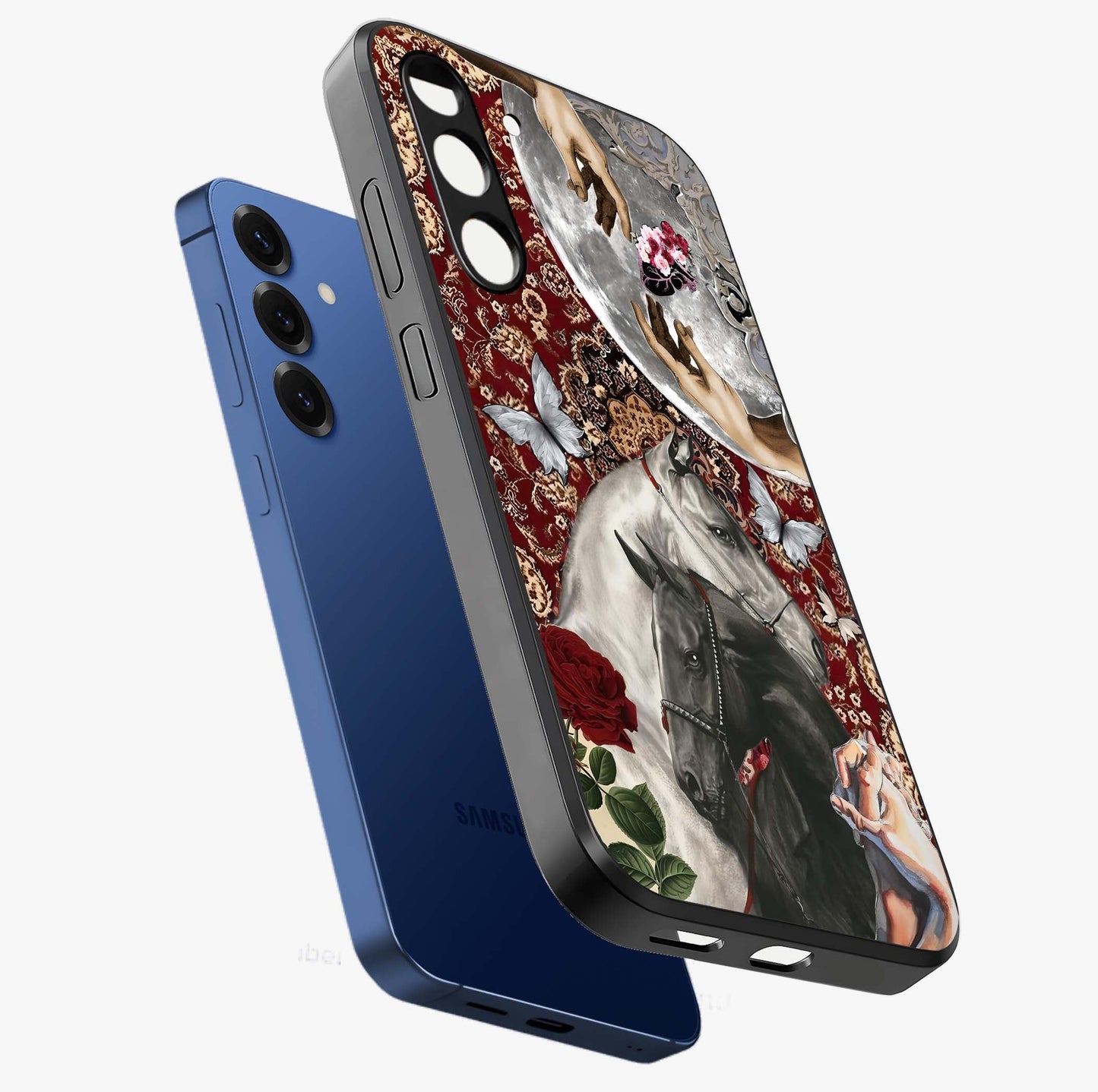 Moonlit Royal Stallion Glass Case displayed in angled mockup highlighting powerful stallion illustration with royal night aesthetic.