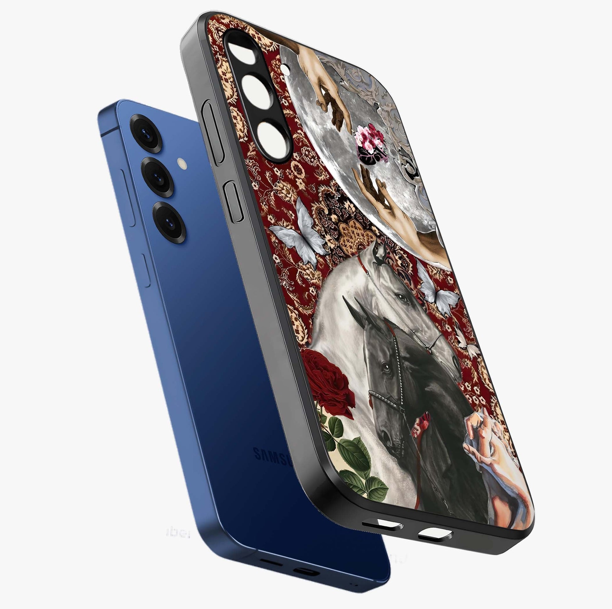 Moonlit Royal Stallion Glass Case displayed in angled mockup highlighting powerful stallion illustration with royal night aesthetic.