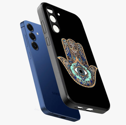 Mystic Hamsa Eye Glass Case displayed in angled mockup highlighting spiritual hamsa symbol with mystical aesthetic style.