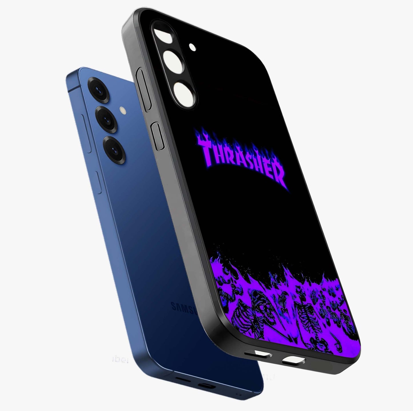 Neon Flame Riot Glass Case displayed in angled mockup highlighting glowing flame design with vibrant neon aesthetic.