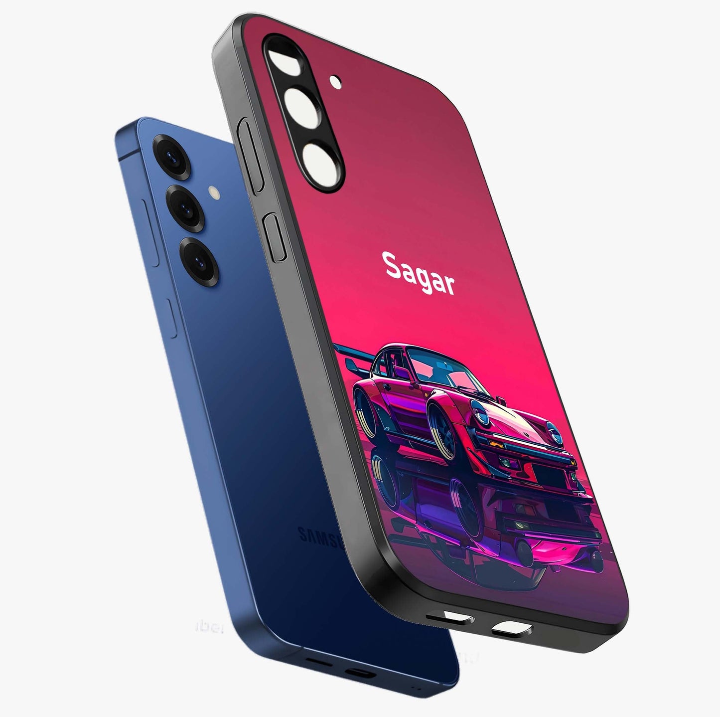 Neon Pink Porsche Glass Case displayed in angled mockup highlighting sleek neon pink car design with racing aesthetic.