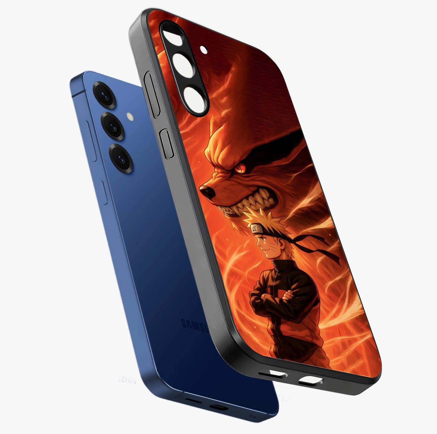 Nine Tails Legacy Glass Case displayed in angled mockup highlighting dynamic anime beast illustration with bold mystical aesthetic.
