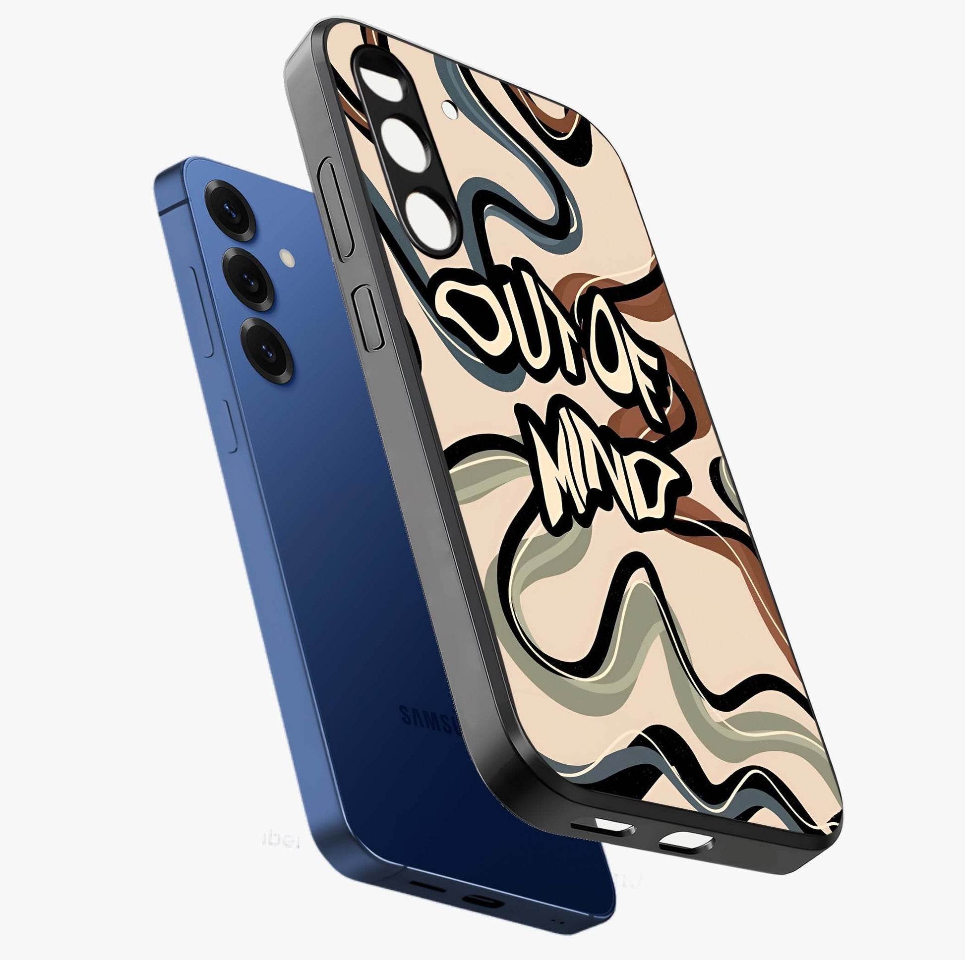 Out Of Mind Glass Case displayed in angled mockup highlighting bold statement design with modern artistic aesthetic.