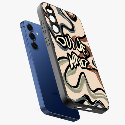 Out Of Mind Glass Case displayed in angled mockup highlighting bold statement design with modern artistic aesthetic.