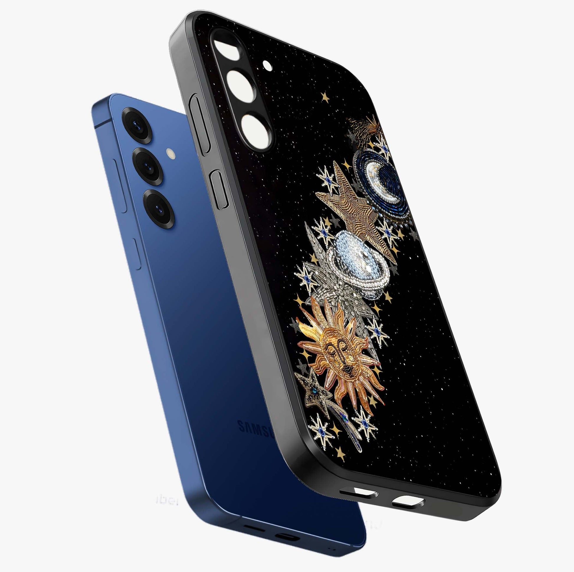 Pearls Universe Object Glass Case displayed in angled mockup highlighting celestial pearl design with dreamy aesthetic.