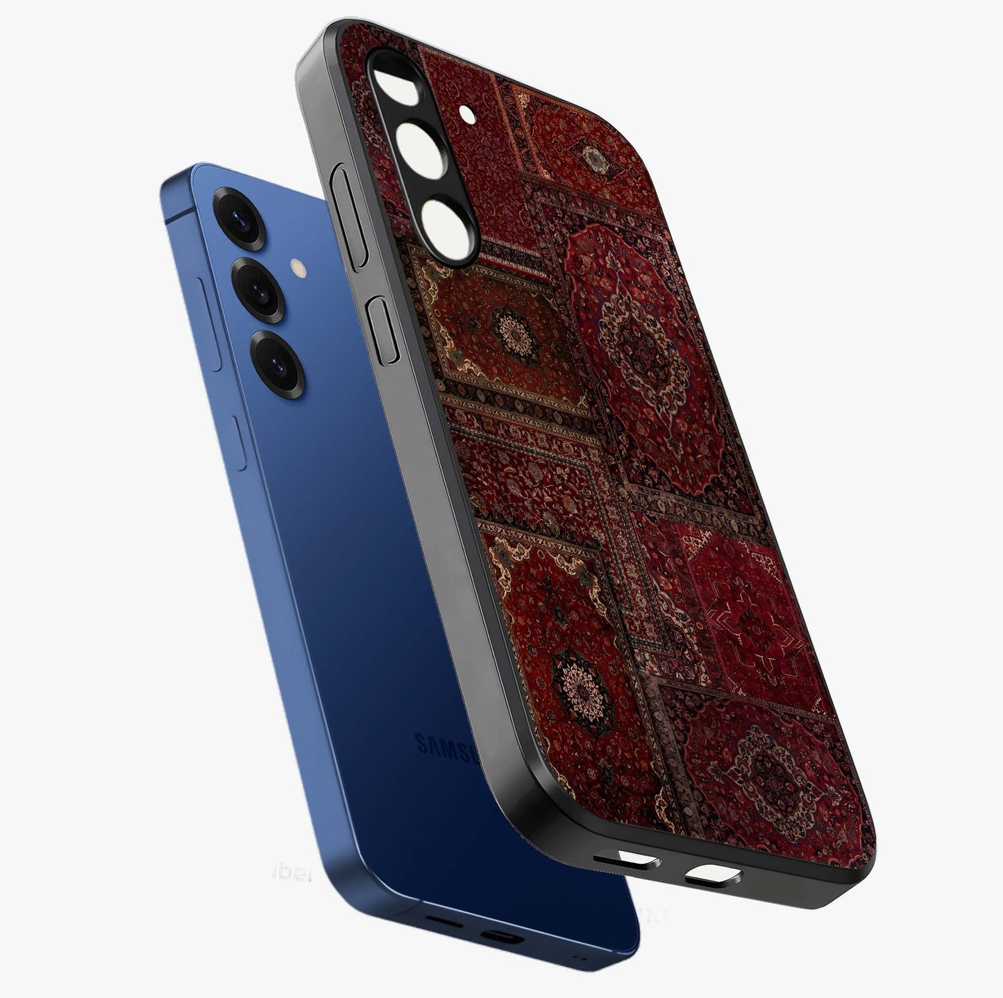 Persian Velvet Tale Glass Case displayed in angled mockup highlighting ornate textile inspired design with royal aesthetic.