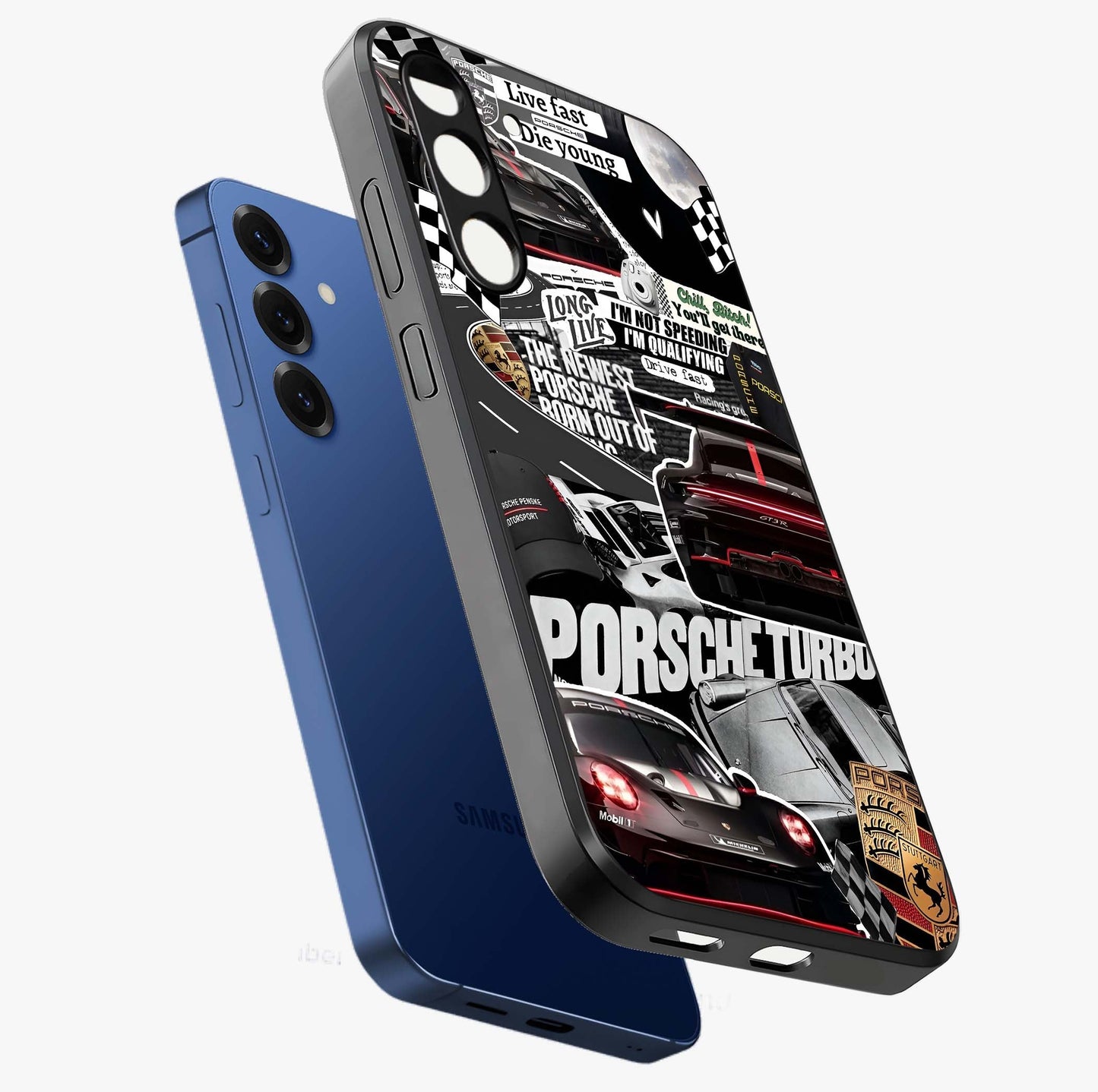 Porsche Racing Collage Glass Case displayed in angled mockup highlighting dynamic automotive design with bold racing aesthetic.