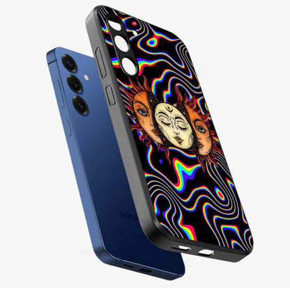 Psychedelic Sun Glass Case displayed in angled mockup highlighting vibrant abstract sun design with artistic aesthetic style.
