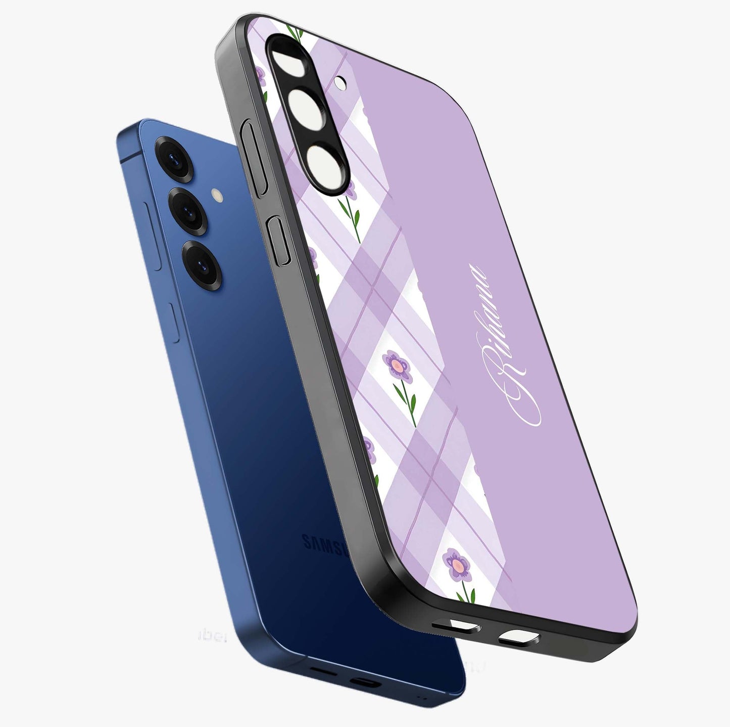 Purple Diamond Floral Glass Case displayed in angled mockup highlighting elegant purple flower design with decorative pattern.
