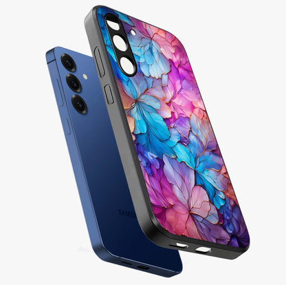 Radiant Floral Whirl Glass Case displayed in angled mockup highlighting vibrant flower pattern with dynamic artistic aesthetic.