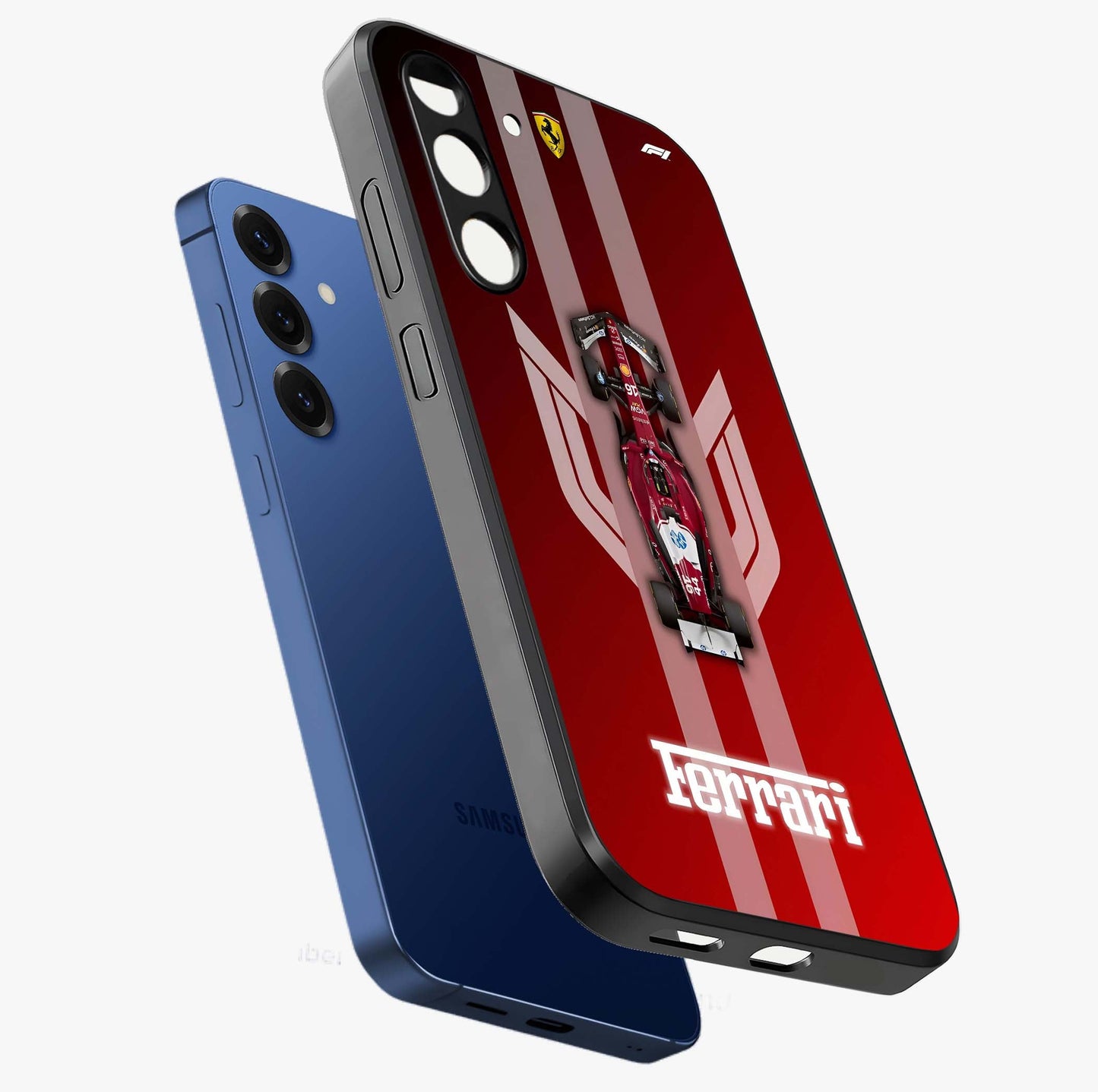 Red Ferrari F1 Vertical Glass Case displayed in angled mockup highlighting high speed racing design with bold automotive aesthetic.