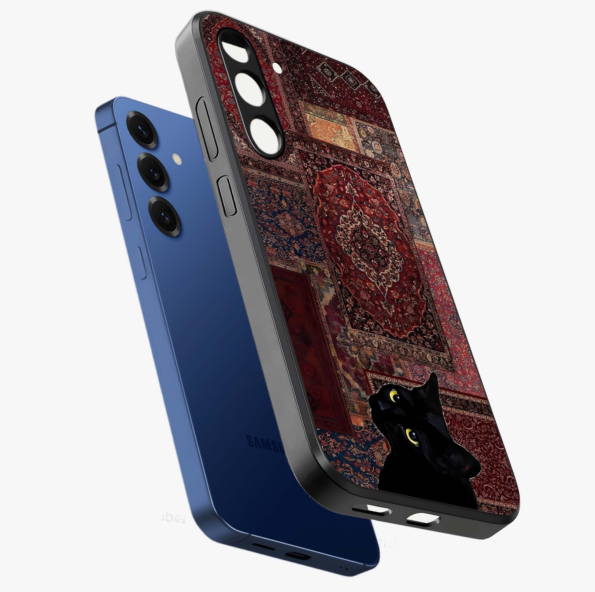 Regal Magic Cat Apple Glass Case displayed in angled mockup highlighting whimsical feline design with fantasy aesthetic.