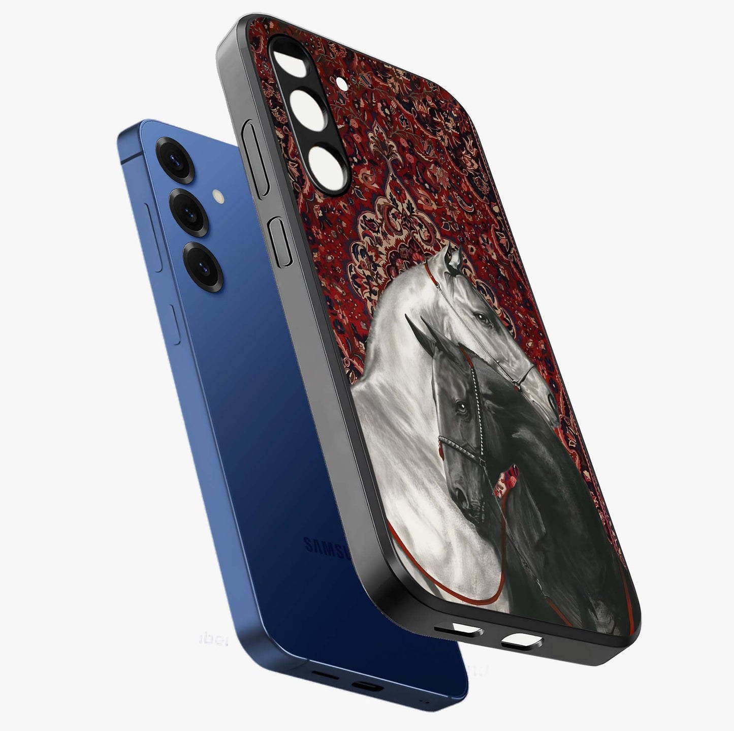 Regal Stallion Tapestry Glass Case displayed in angled mockup highlighting royal stallion design with decorative heritage aesthetic.