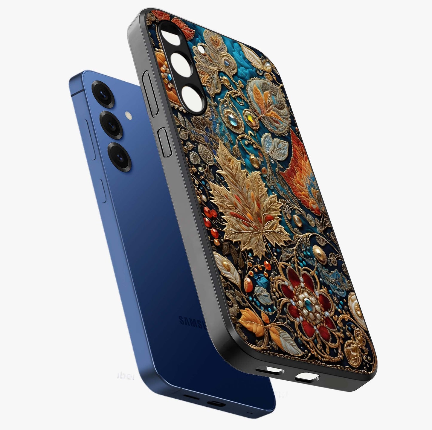 Royal Jewel Garden Glass Case displayed in angled mockup highlighting vibrant jewel inspired floral design with elegant aesthetic.