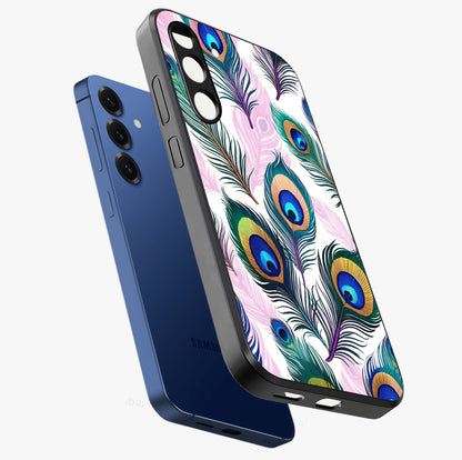 Royal Peacock Feathers Glass Case displayed in angled mockup highlighting vibrant feather pattern with regal aesthetic style.