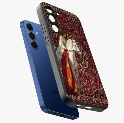 Royal Rider Tapestry Glass Case displayed in angled mockup highlighting traditional tapestry design with royal heritage aesthetic.