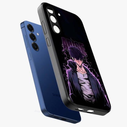 Shadow Monarch Awakening Glass Case displayed in angled mockup highlighting dramatic shadow warrior design with fantasy aesthetic.