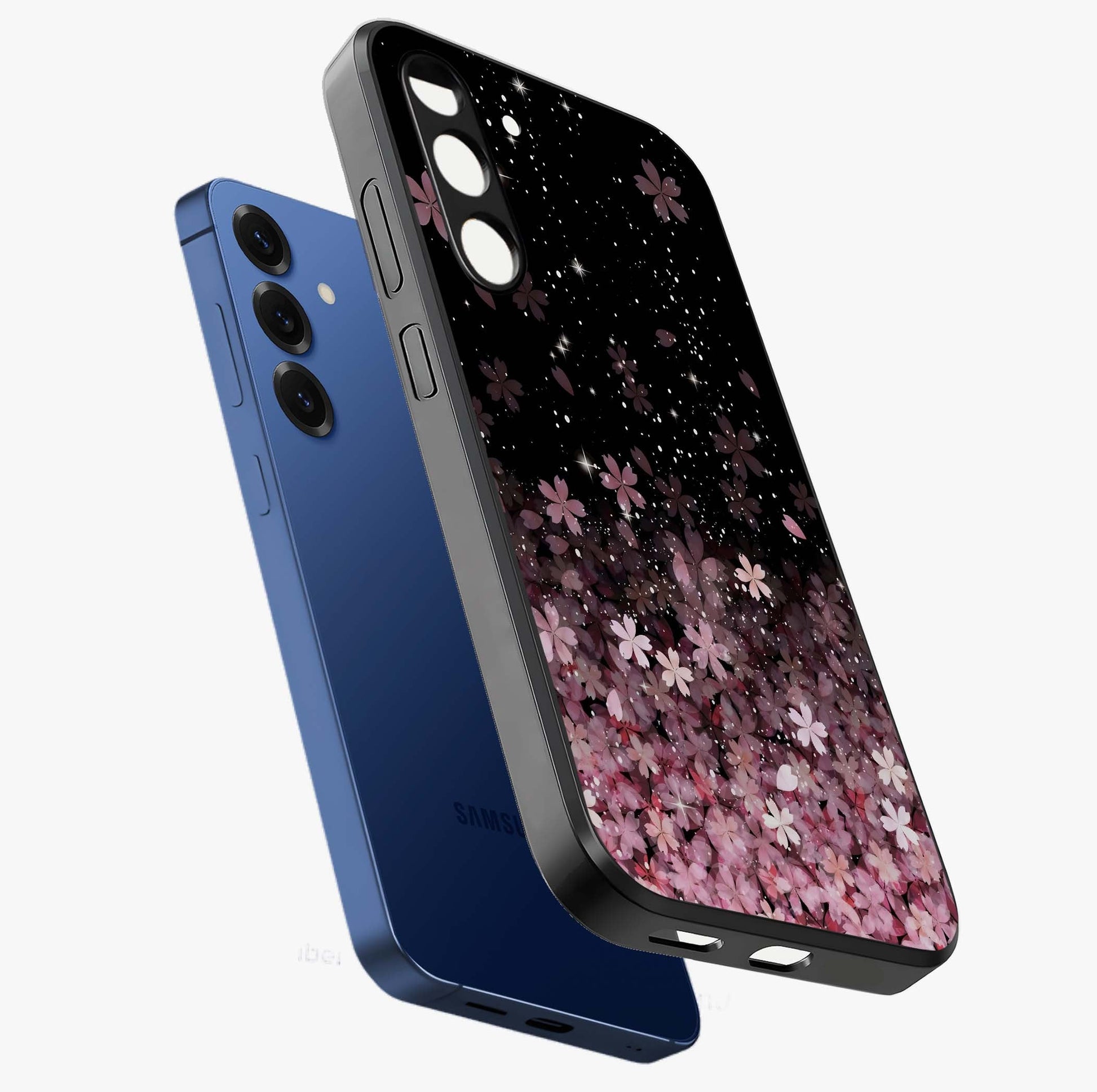 Small Starry Flowers Glass Case displayed in angled mockup highlighting tiny flower pattern with celestial aesthetic style.