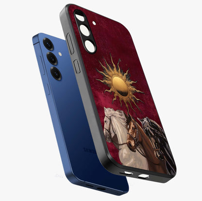 Solar Riders Glass Case displayed in angled mockup highlighting powerful rider illustration with radiant solar aesthetic.