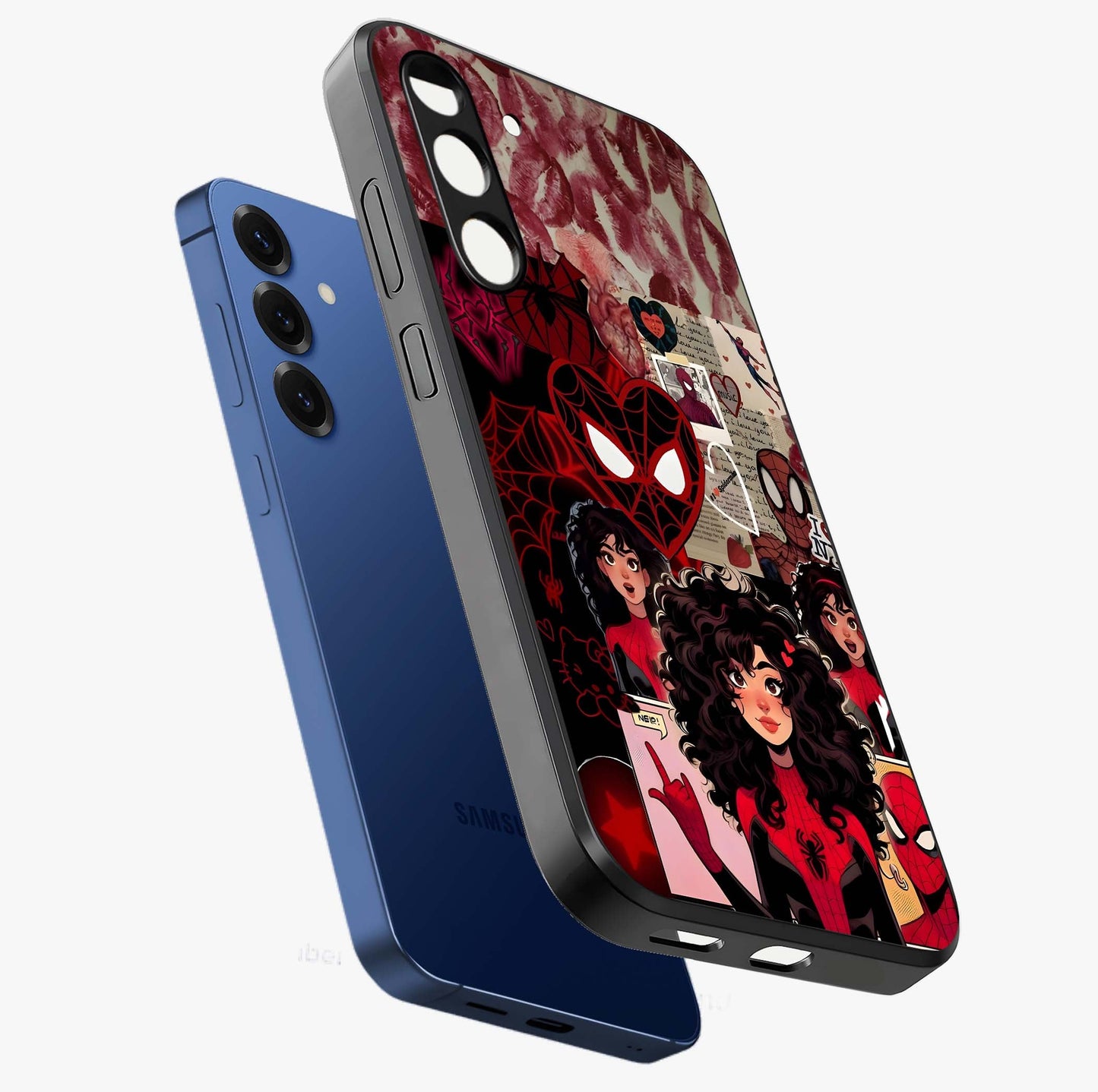 Spider Love Story Glass Case displayed in angled mockup highlighting expressive comic inspired design with playful aesthetic.