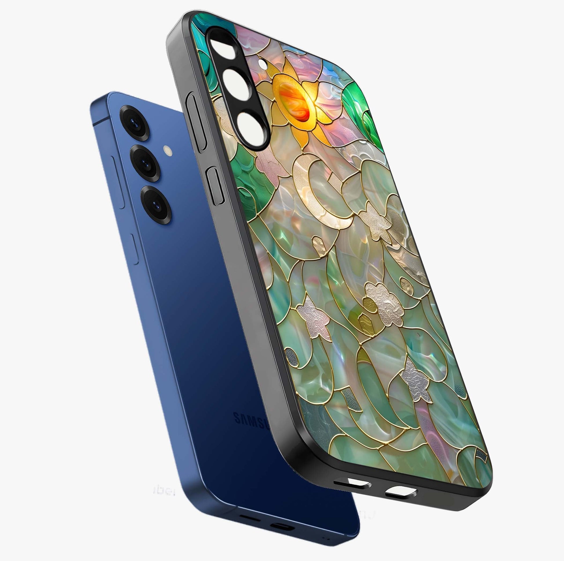 Stained Sunrise Glow Glass Case displayed in angled mockup highlighting radiant sunrise design with artistic aesthetic style.